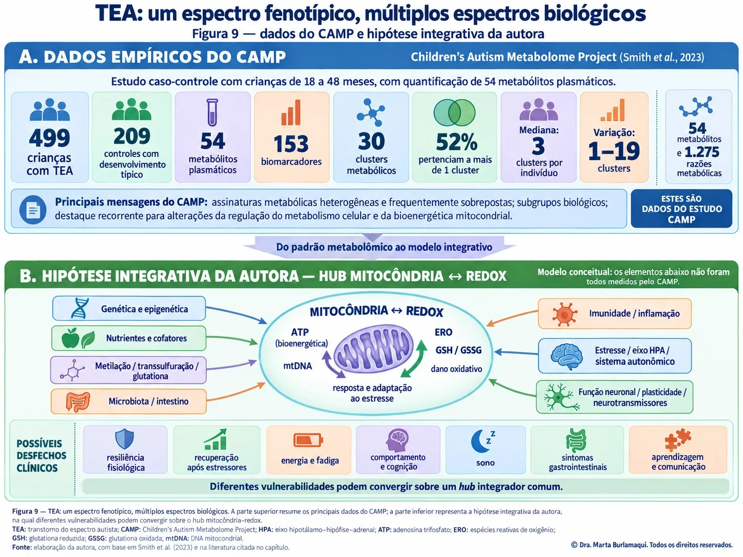 Painel superior com os números do Children's Autism Metabolome Project e painel inferior com um modelo conceitual em que genética, nutrientes, metilação, microbiota, imunidade, estresse e função neuronal convergem sobre um hub mitocôndria–redox.