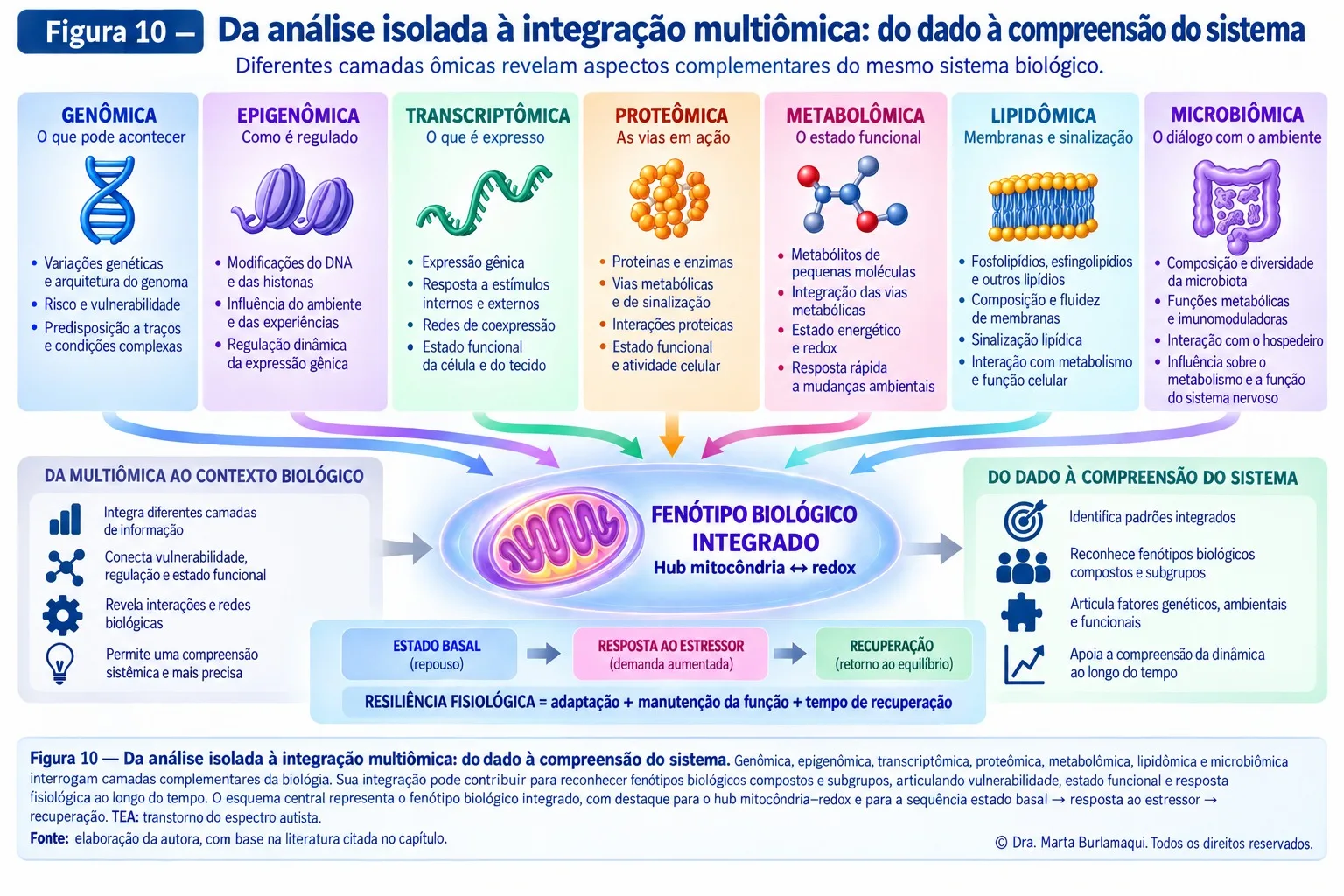 Sete camadas ômicas — genômica, epigenômica, transcriptômica, proteômica, metabolômica, lipidômica e microbiômica — convergindo para um fenótipo biológico integrado centrado no hub mitocôndria–redox.